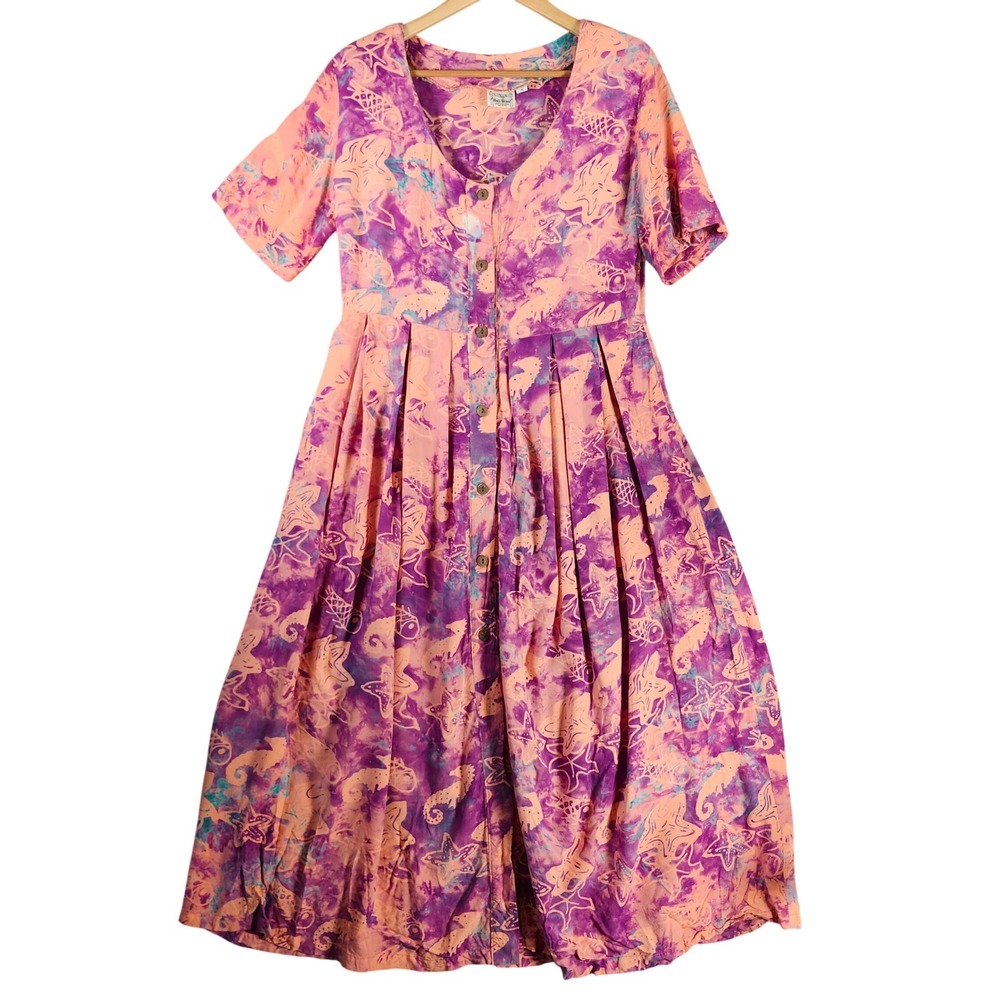 VTG‎ Bali Bliss Midi Dress Women Small Purple Peach Sea Life Batik Rayon Button